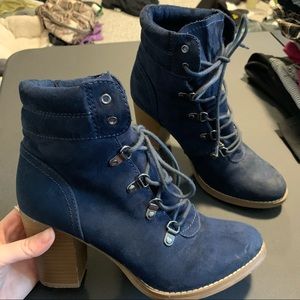 Navy blue faux suede lace up booties